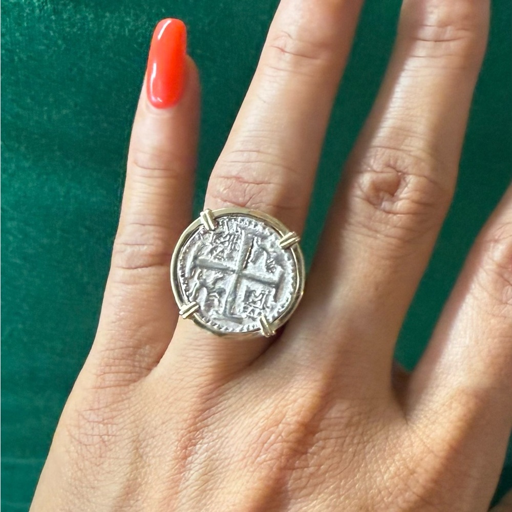 ATOCHA SILVER COIN RING IN 14k REAL GOLD BEZEL AND SILVER BAND